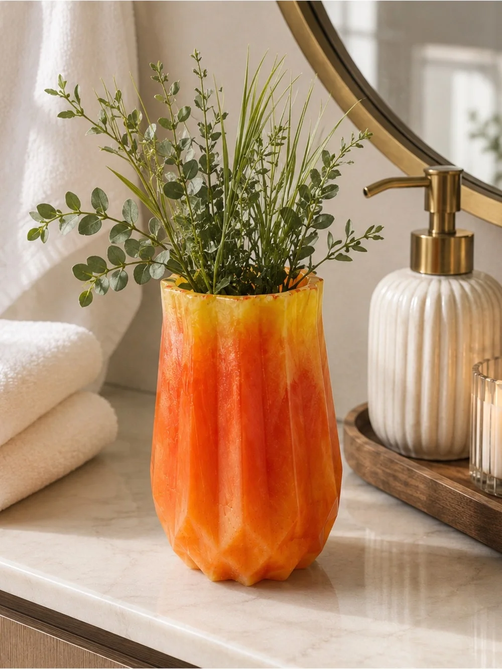 Gradient Orange & Yellow Faceted Decorative Vase